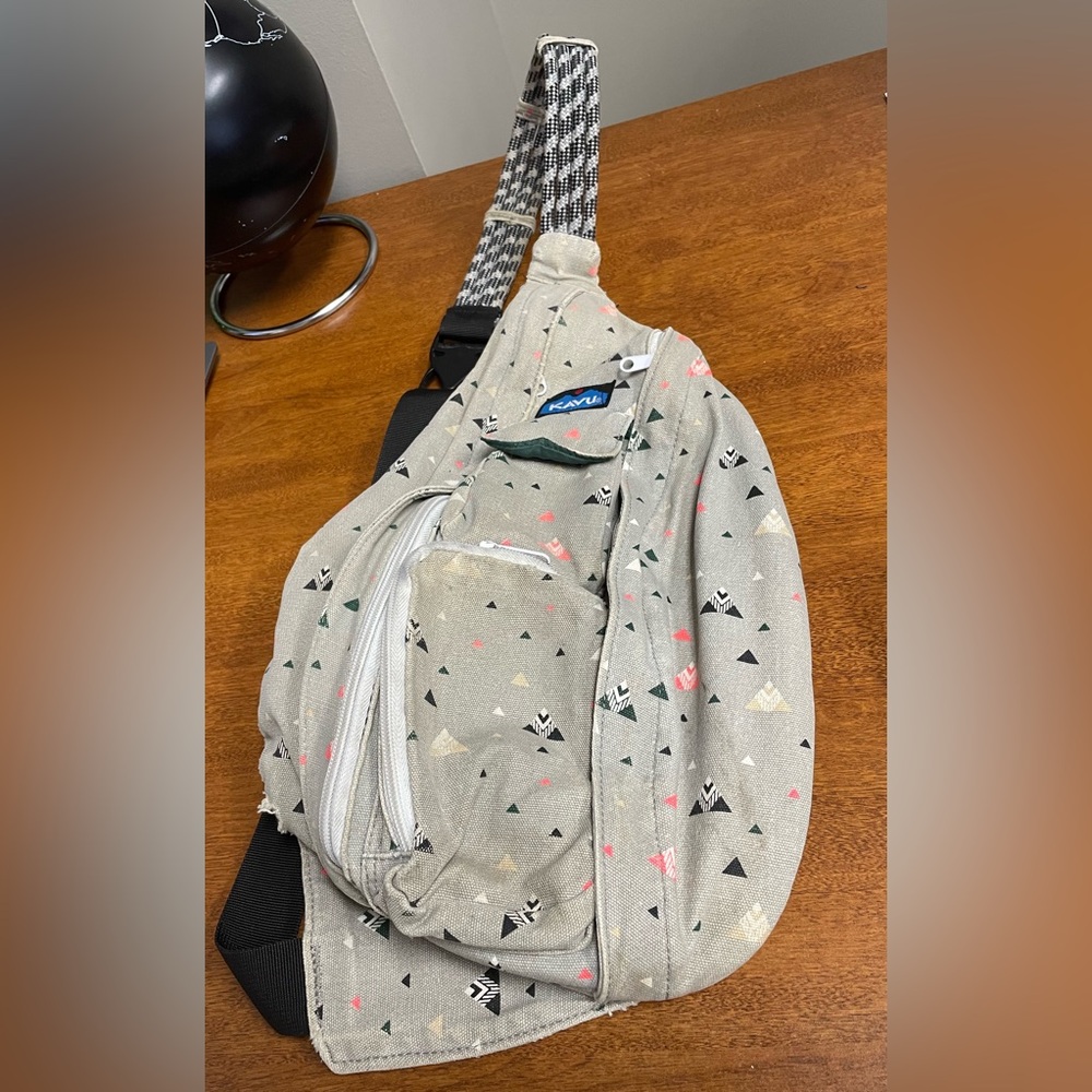 Kavu Rope Bag Canvas Sling Backpack Gray Retired Fly Fish Triangle Geometric
